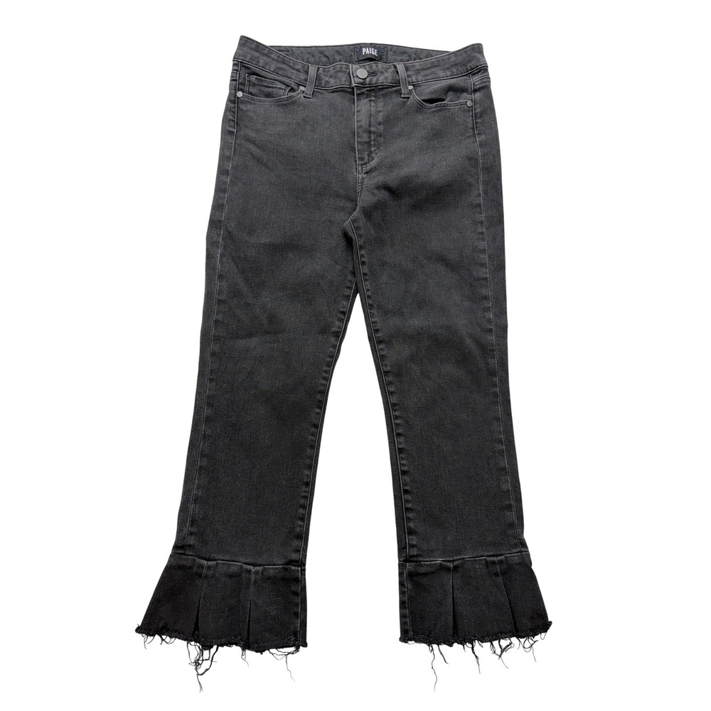 Paige Flare Crop Jeans Womens 29 Petite‎ Charcoal Wash Pleated Fringe Hem USA